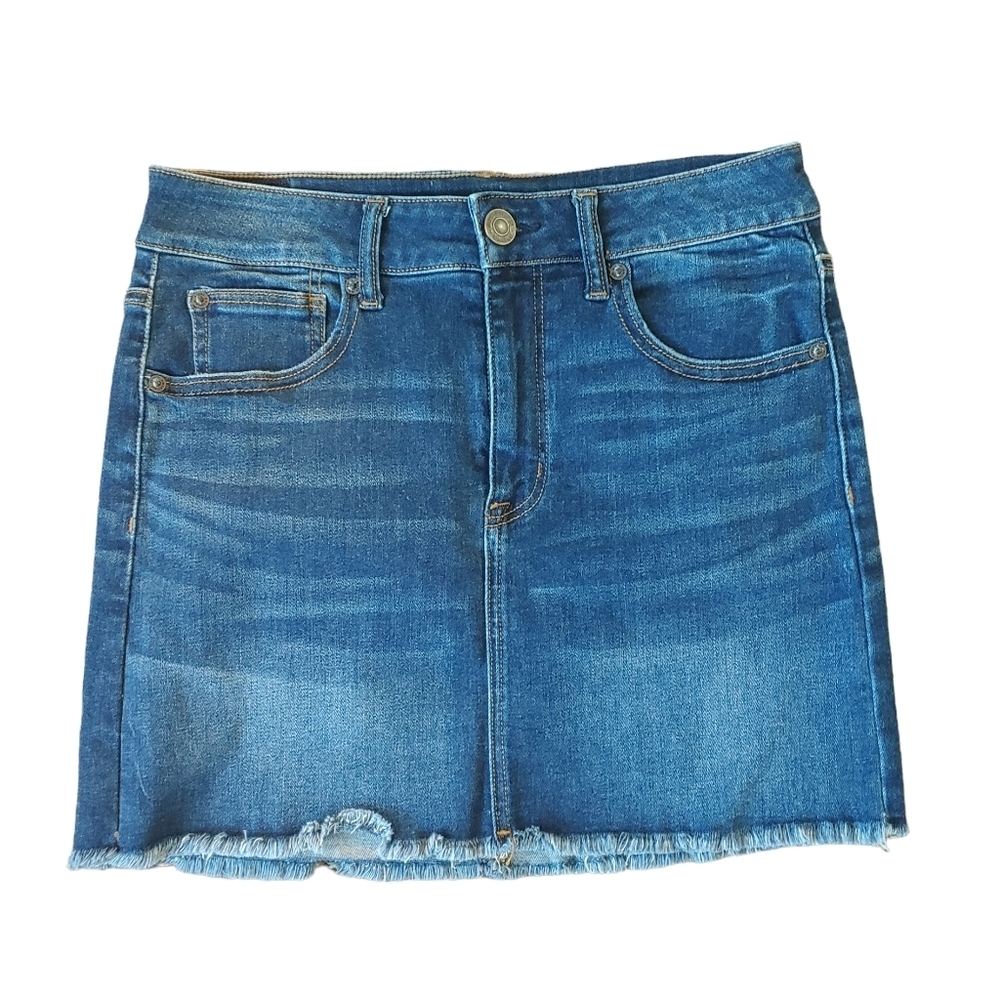 American Eagle AE Blue Denim High Rise Raw Hem Mini Skirt Size 8